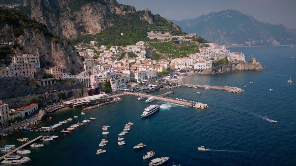 Drone aerial view of Amalfi Coast wedding ceremony location