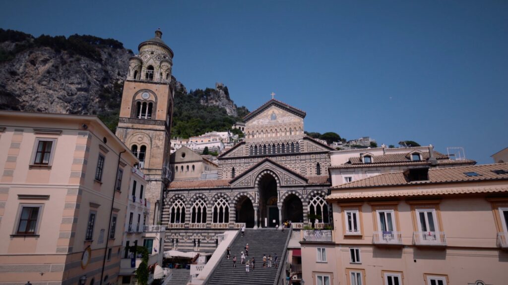 Bride getting ready at Hotel Terrazza Duomo with Amalfi Cathedral view